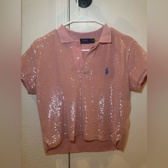 Polo by Ralph Lauren Sequined Crop Mesh Polo Shirt in Pink Size XS - Picture 3 of 6